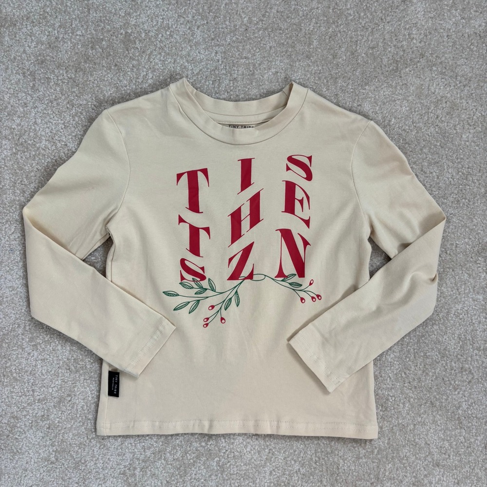 Tiny Tribe Australia The SZN Long Sleeve Top Kids Size 5‎ Beige Graphic Holiday